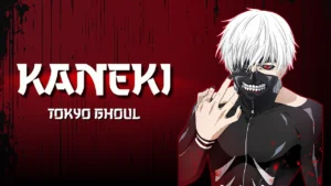 Ilustración de Ken Kaneki con su máscara de ghoul y fondo sombrío de Tokio