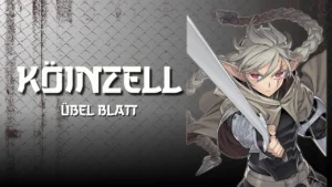 Ilustración de Köinzell con su espada alada en Übel Blatt, con un fondo metálico