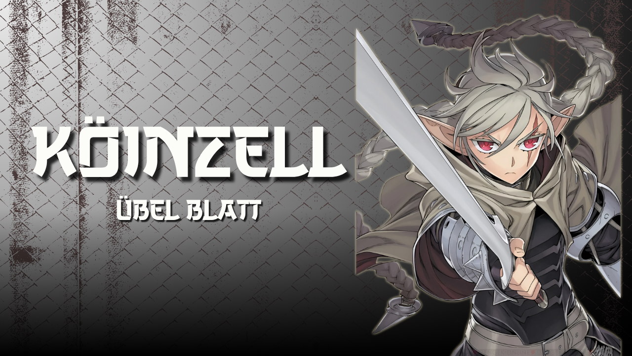 Ilustración de Köinzell con su espada alada en Übel Blatt, con un fondo metálico