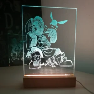Lámpara de vidrio iluminado con escena de Link sentado en The Legend of Zelda, grabado a mano y con base de madera con luz LED