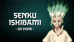 Ilustración de Senku Ishigami con su atuendo de científico, rodeado de inventos y fórmulas, protagonista de Dr. Stone.