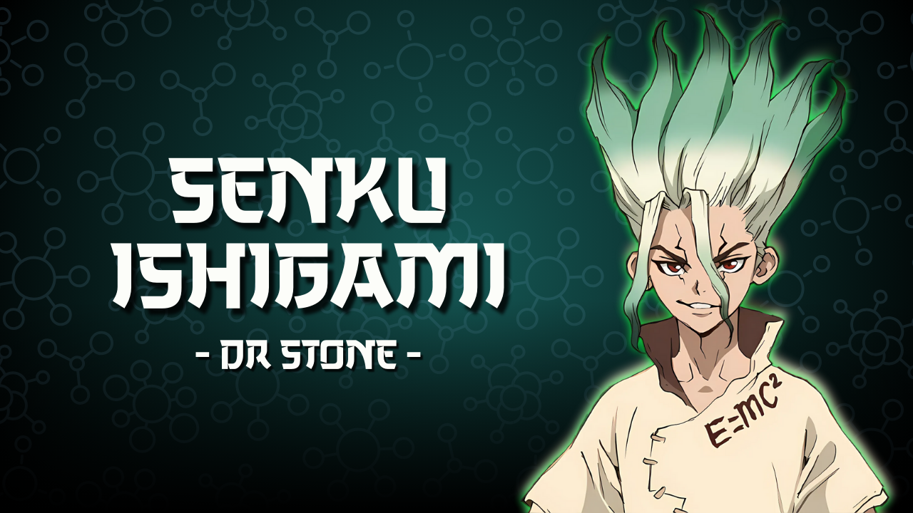 Ilustración de Senku Ishigami con su atuendo de científico, rodeado de inventos y fórmulas, protagonista de Dr. Stone.