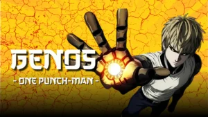 Genos de One Punch Man en pose de combate, con brazos cibernéticos brillando y mirada decidida.