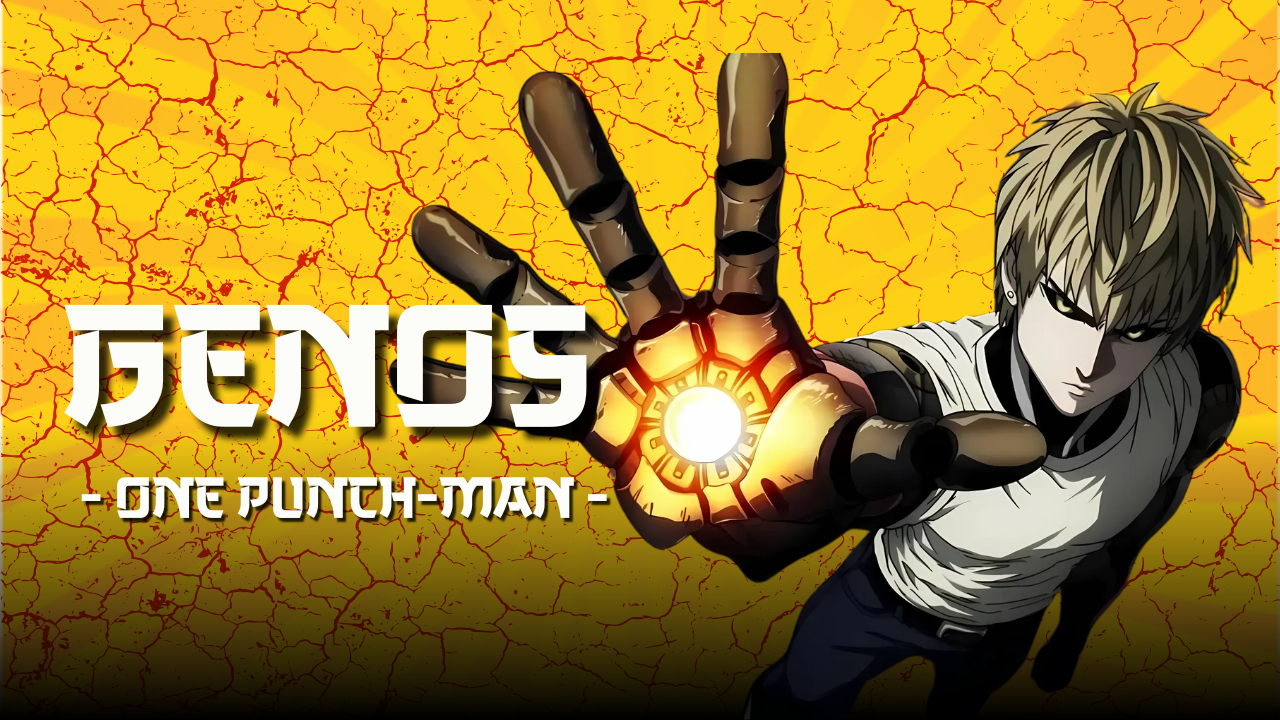 Genos de One Punch Man en pose de combate, con brazos cibernéticos brillando y mirada decidida.