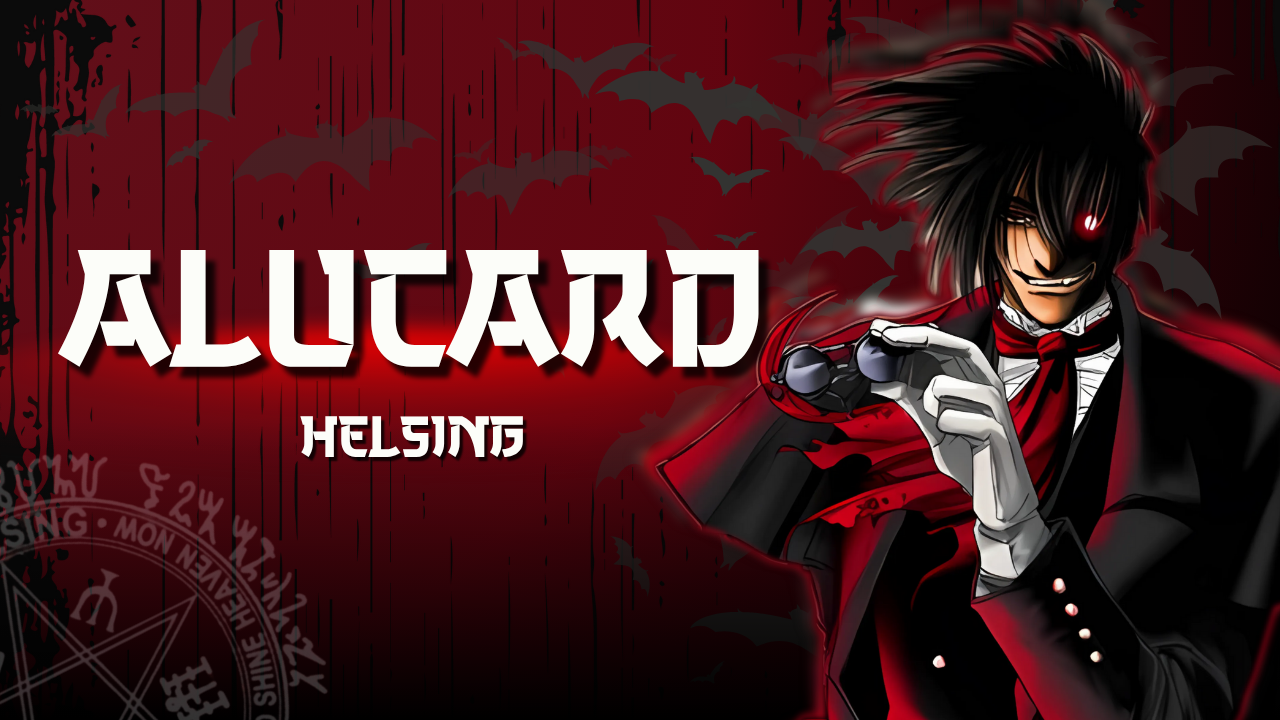 Imagen de Alucard, el vampiro de Hellsing, con sombrero, gafas y pistola, en pose amenazante con fondo místico.