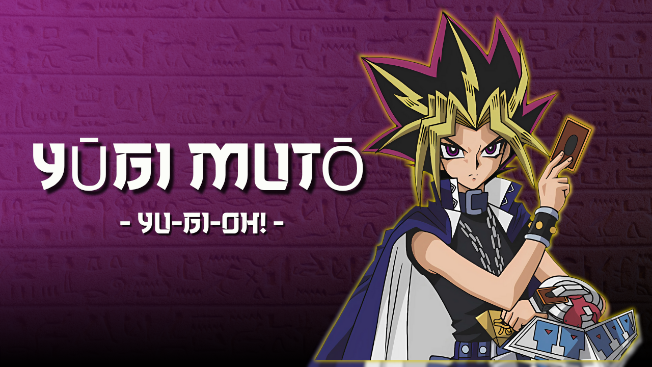 Ilustración de Yugi Muto sosteniendo el Rompecabezas del Milenio, con Yami Yugi proyectado detrás de él.