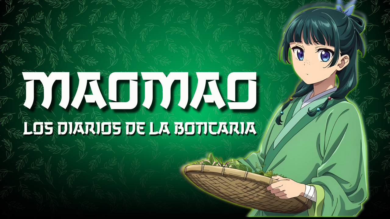 Maomao, la boticaria protagonista de Los Diarios de la Boticaria, sosteniendo un frasco medicinal con fondo del Palacio Interior.