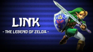 Link de The Legend of Zelda armado con espada y escudo en posición de defensa, figura coleccionable y heroica.