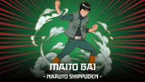 Maito Gai de Naruto Shippuden ejecutando una postura de combate de taijutsu, símbolo del esfuerzo y la juventud eterna.