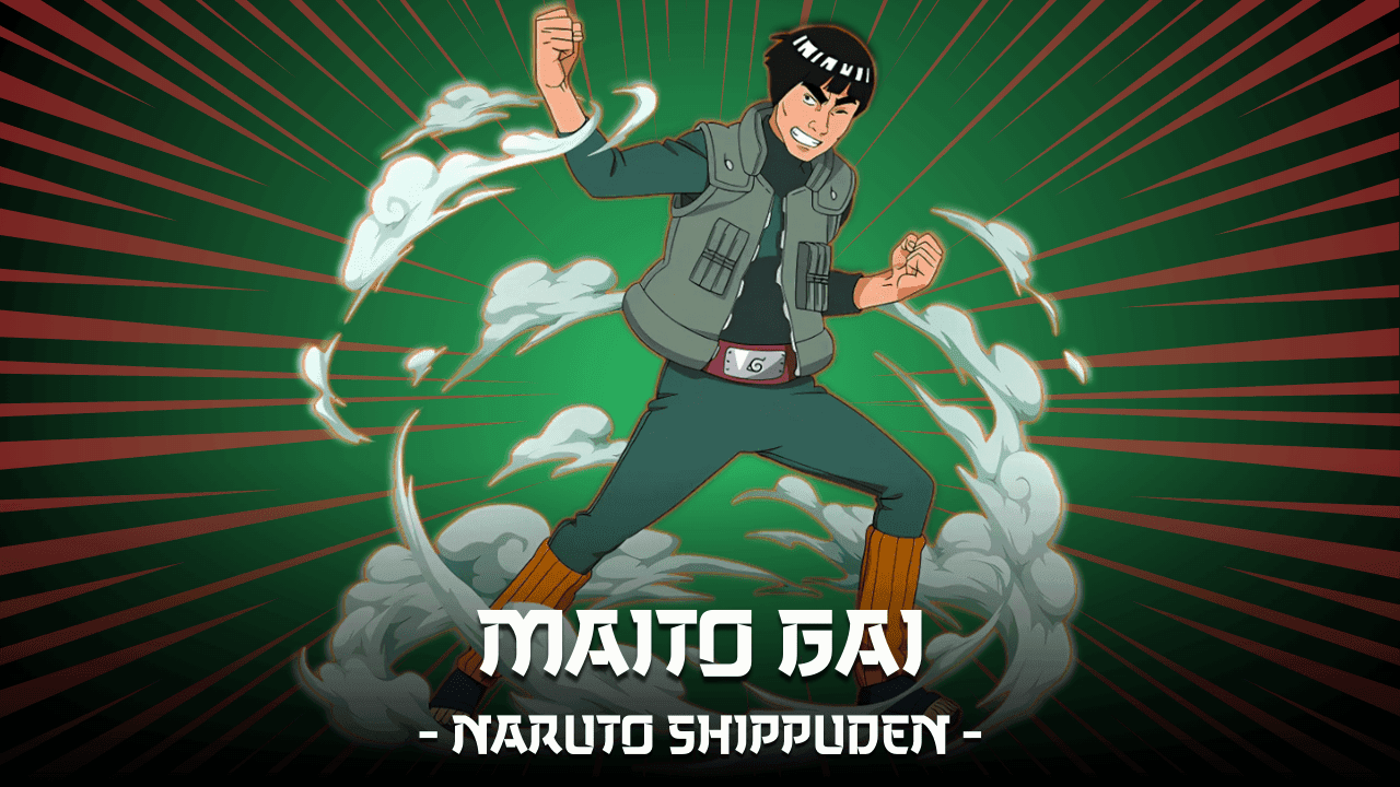 Maito Gai de Naruto Shippuden ejecutando una postura de combate de taijutsu, símbolo del esfuerzo y la juventud eterna.